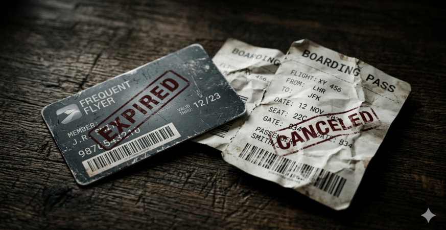 Airline frequent flyer loyalty card and boarding pass showing canceled miles after airline bankruptcy 2026