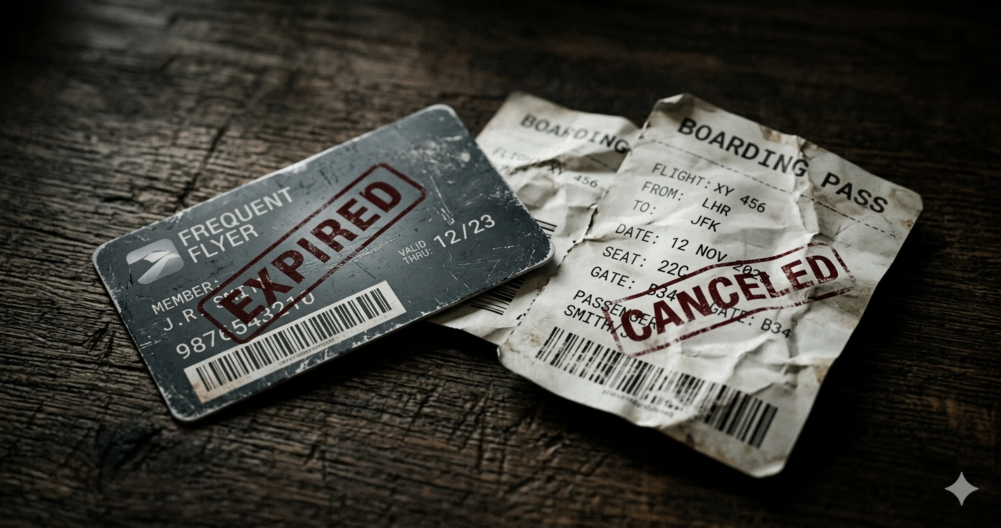 Airline frequent flyer loyalty card and boarding pass showing canceled miles after airline bankruptcy 2026