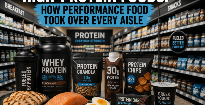 high-protein snacks including protein chips and protein ice cream on grocery shelf 2026