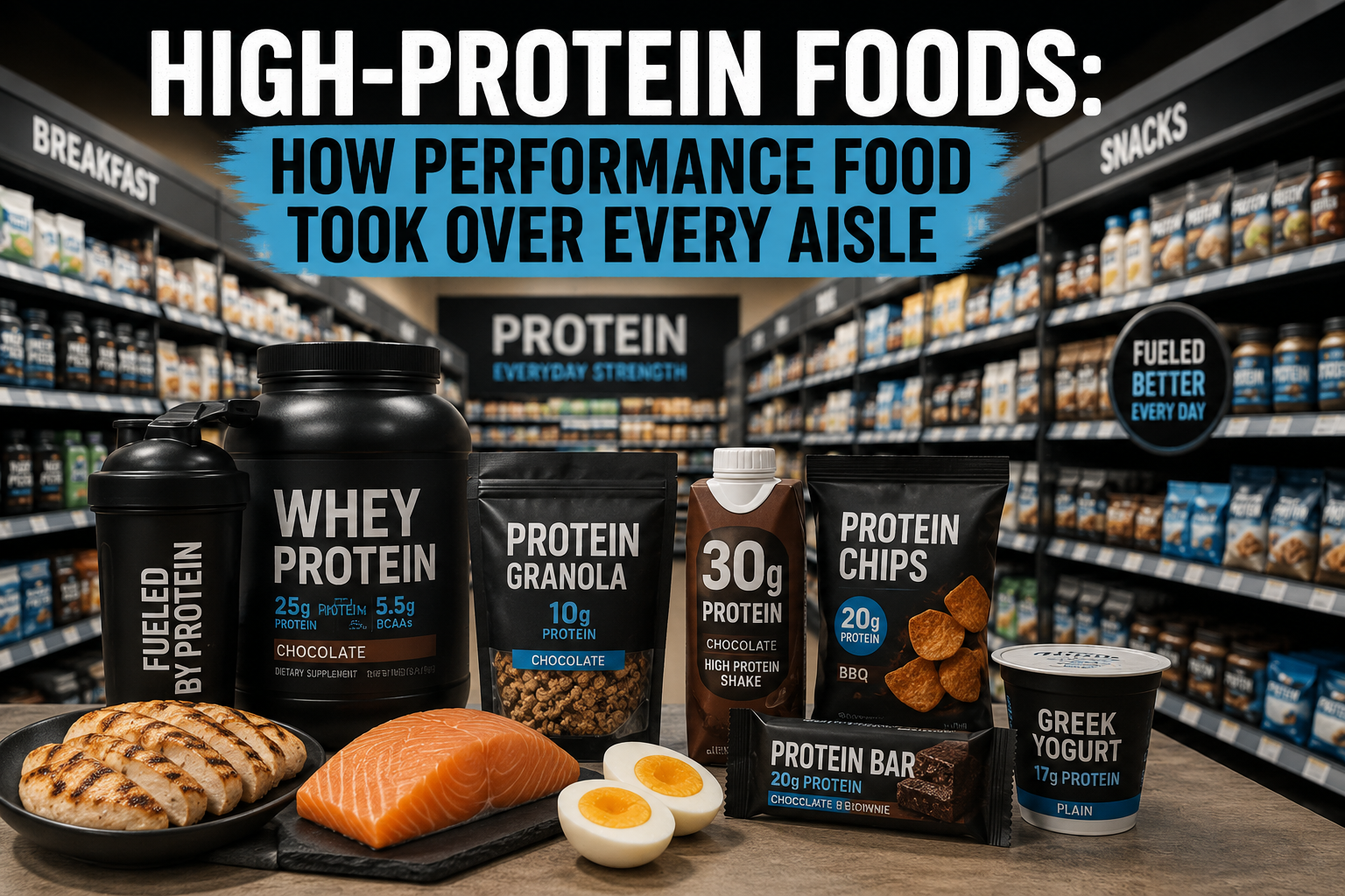 high-protein snacks including protein chips and protein ice cream on grocery shelf 2026