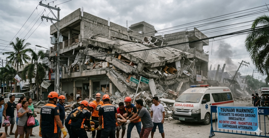 Collapsed building General Santos City Philippines magnitude 7.8 earthquake tsunami warning June 8 2026
